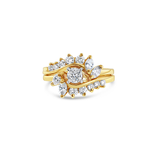 Round Diamond & Marquise Accented Bridal Ring Set 1.50cttw 14k Yellow Gold