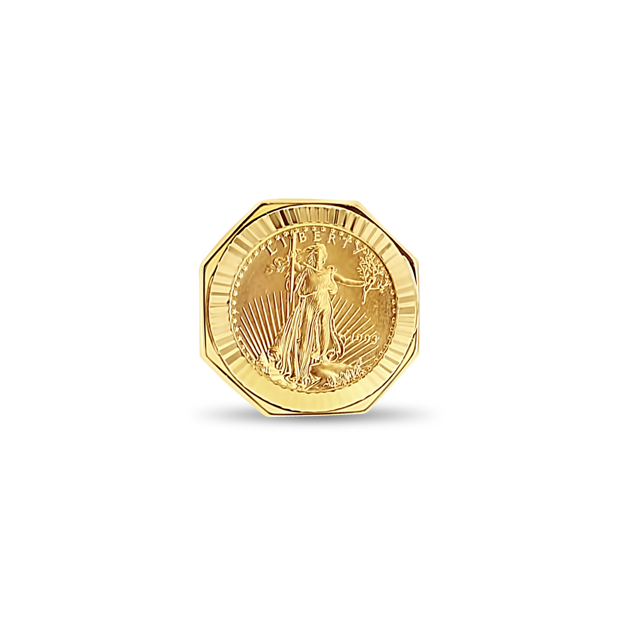 22K Fine Gold 1/10OZ Liberty Coin Ring with Fluted Bezel 14k Yellow Gold - Queen of Gemz