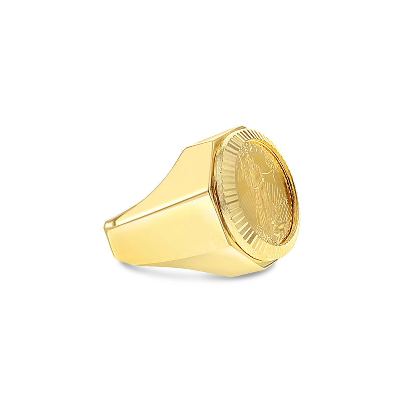 22K Fine Gold 1/10OZ Liberty Coin Ring with Fluted Bezel 14k Yellow Gold - Queen of Gemz