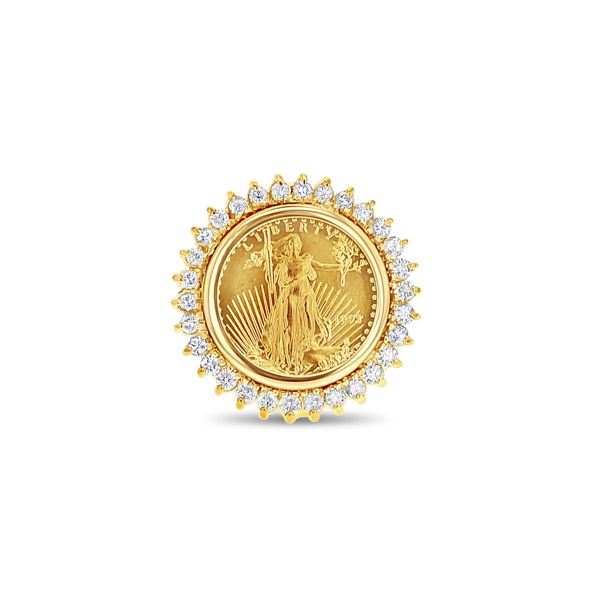 22K Fine Gold Lady Liberty Coin Ring w/ Diamond Halo 1/10 OZ US .66cttw 14k Yellow Gold - Queen of Gemz