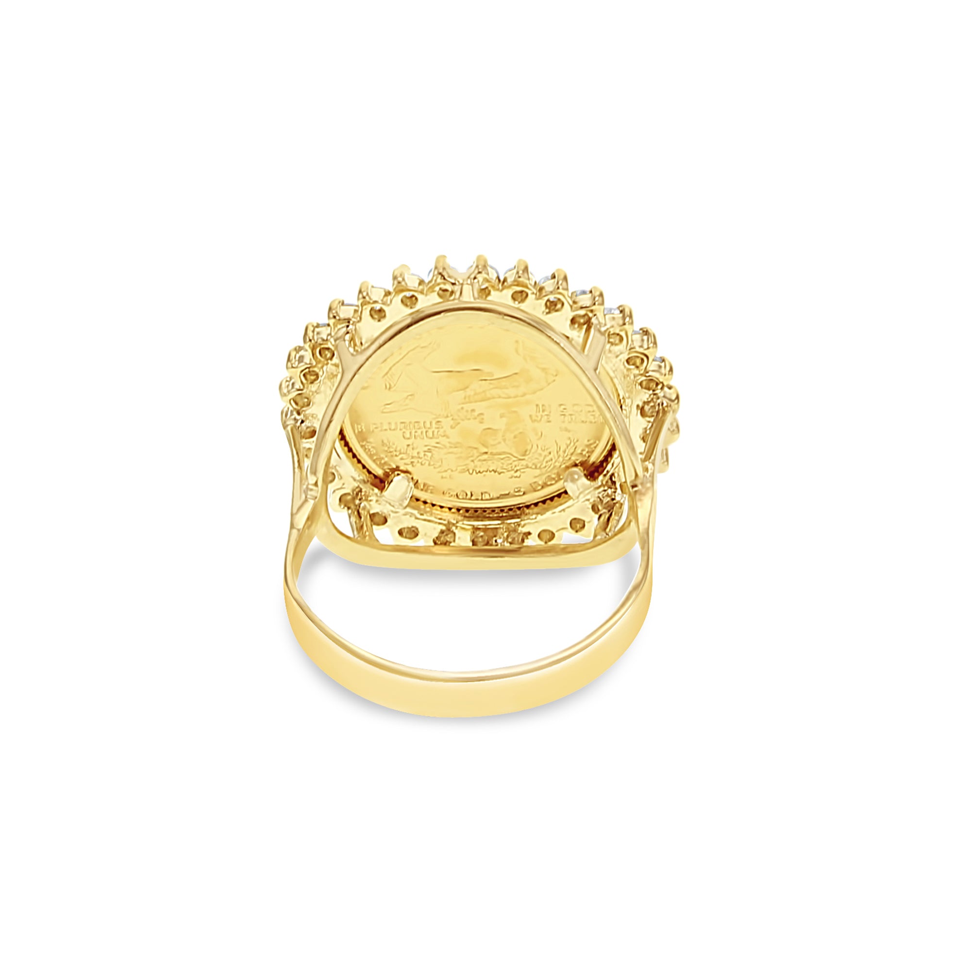 22K Fine Gold Lady Liberty Coin Ring w/ Diamond Halo 1/10 OZ US .66cttw 14k Yellow Gold - Queen of Gemz