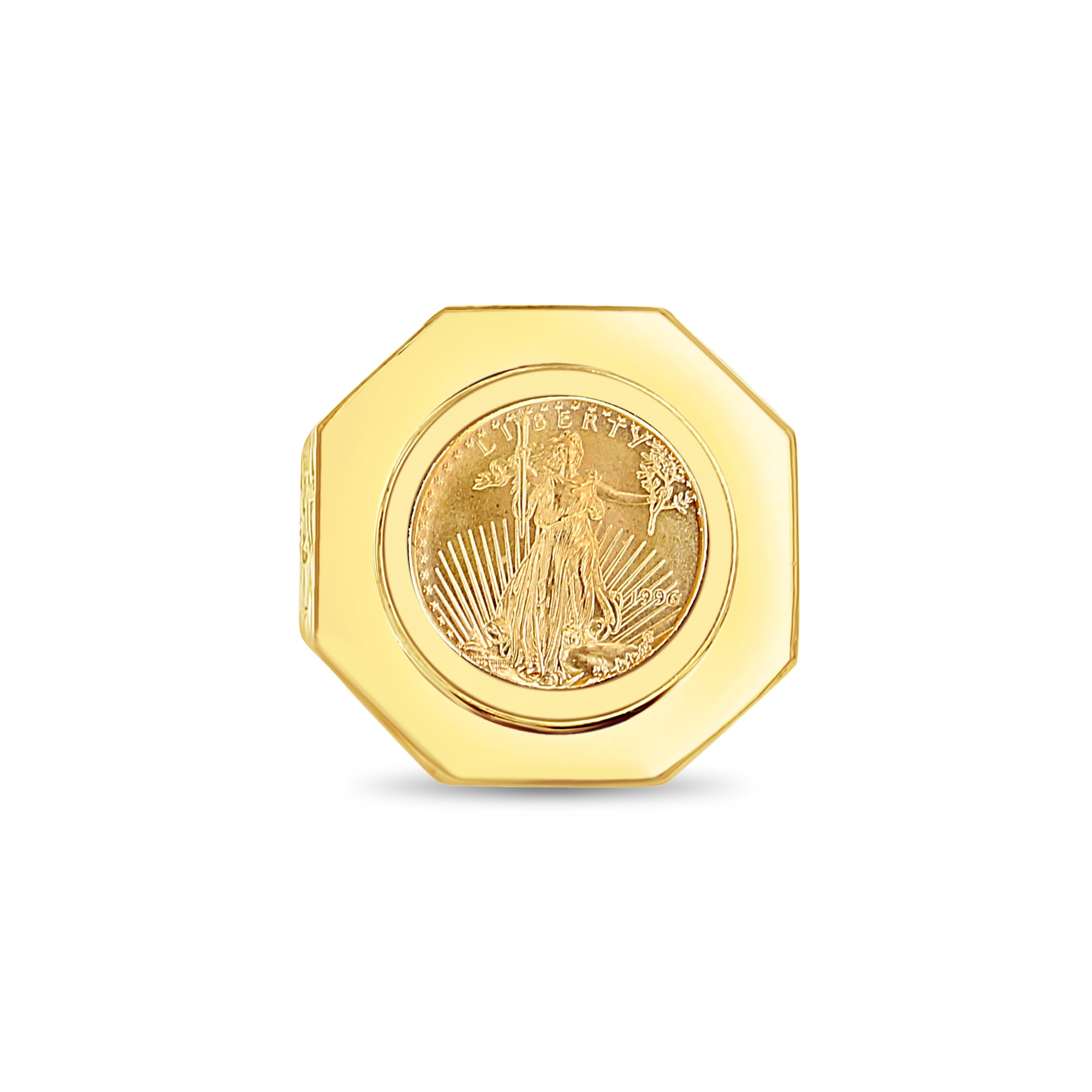 22K Fine Gold 1/10OZ Lady Liberty Ring with Hexagon Bezel & Nugget Band 14k Yellow Gold - Queen of Gemz