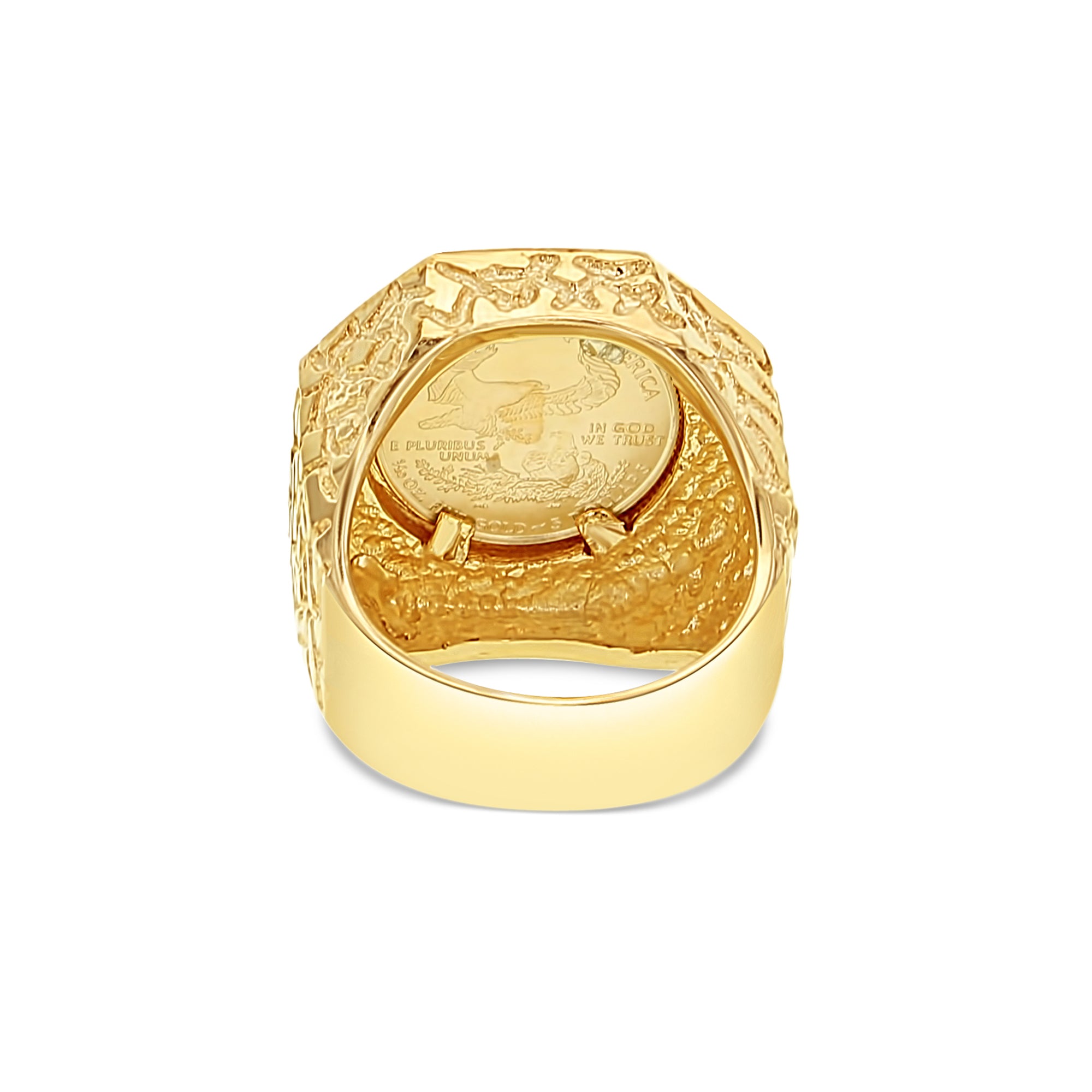 22K Fine Gold 1/10OZ Lady Liberty Ring with Hexagon Bezel & Nugget Band 14k Yellow Gold - Queen of Gemz