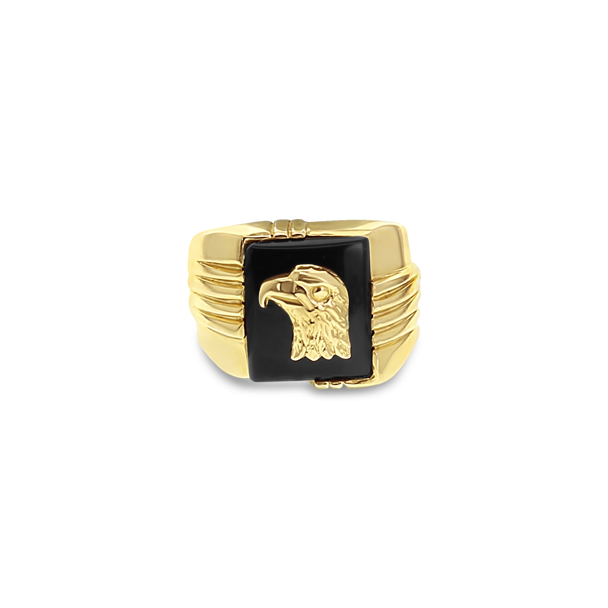 Anillo de oro con cabeza de águila y ónix en oro amarillo de 14 k