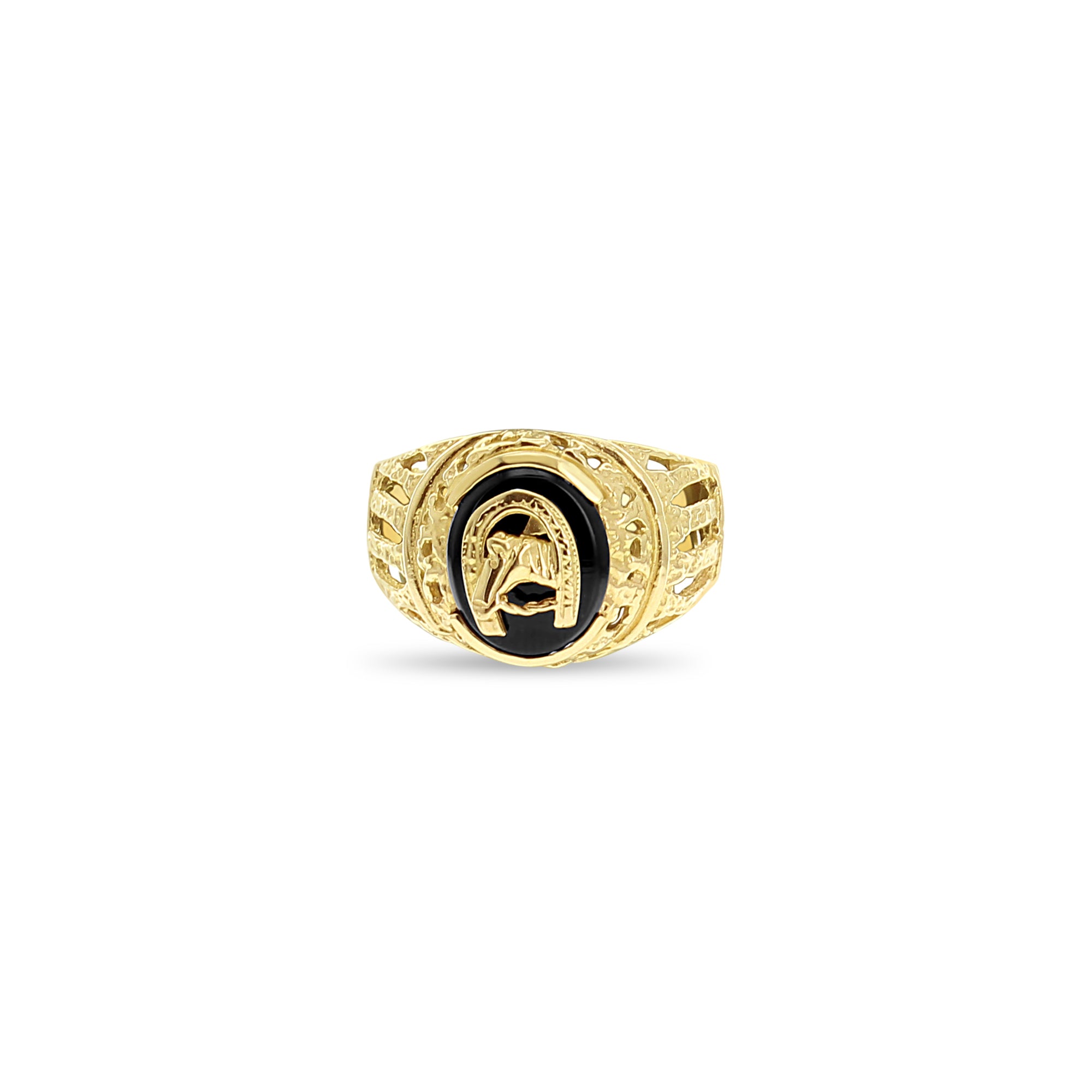 Anillo de ónix con cabeza de caballo y herradura en oro amarillo de 14 k