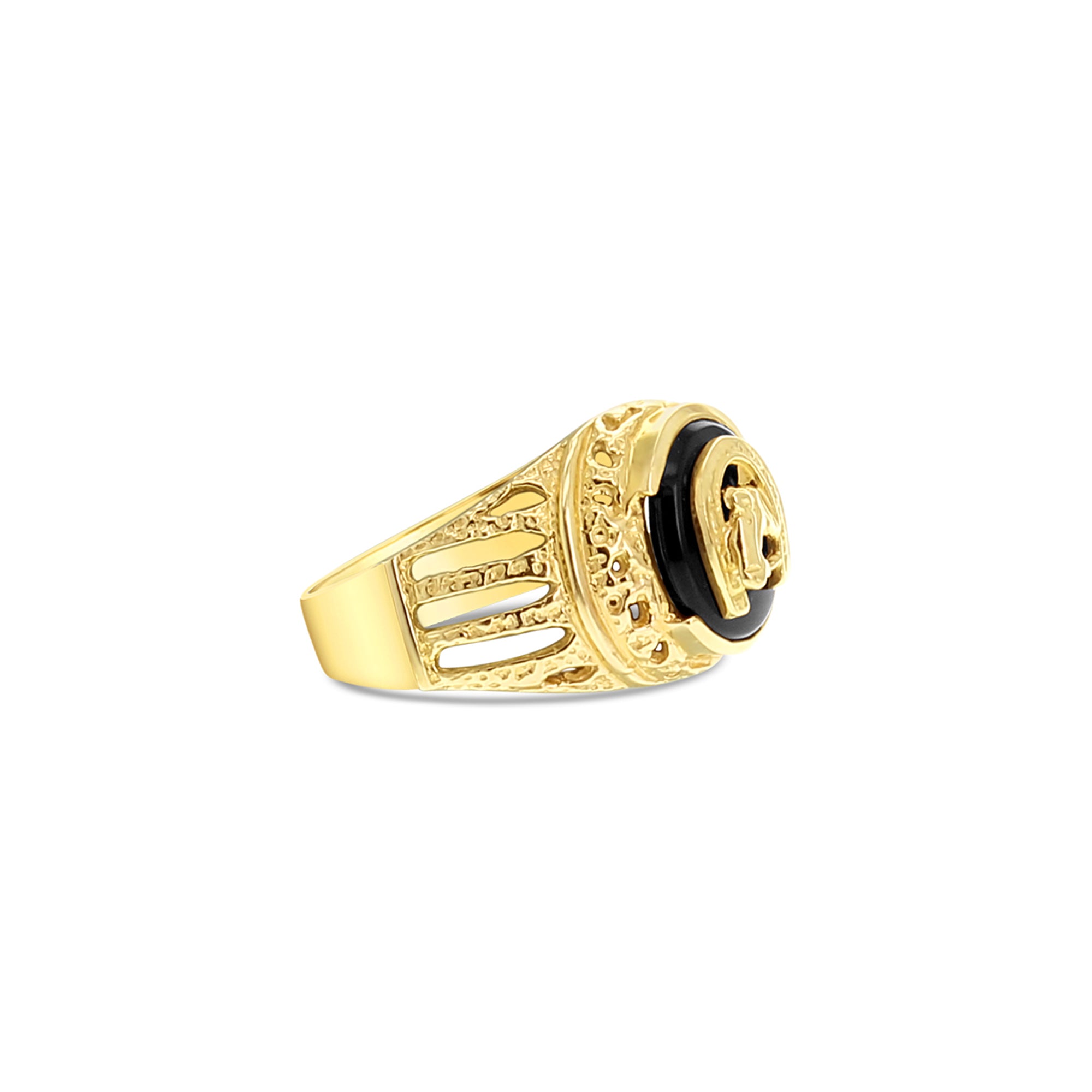 Anillo de ónix con cabeza de caballo y herradura en oro amarillo de 14 k